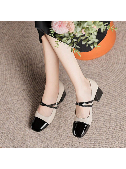 Fashionable Color Block, Cross Strap, Chunky Heel, Square Toe, Elegant Ladies High Heel Shoes