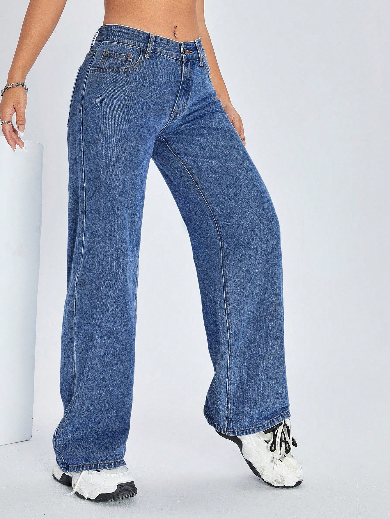 Women Casual Slant Pocket Everyday Wide Leg Jeans