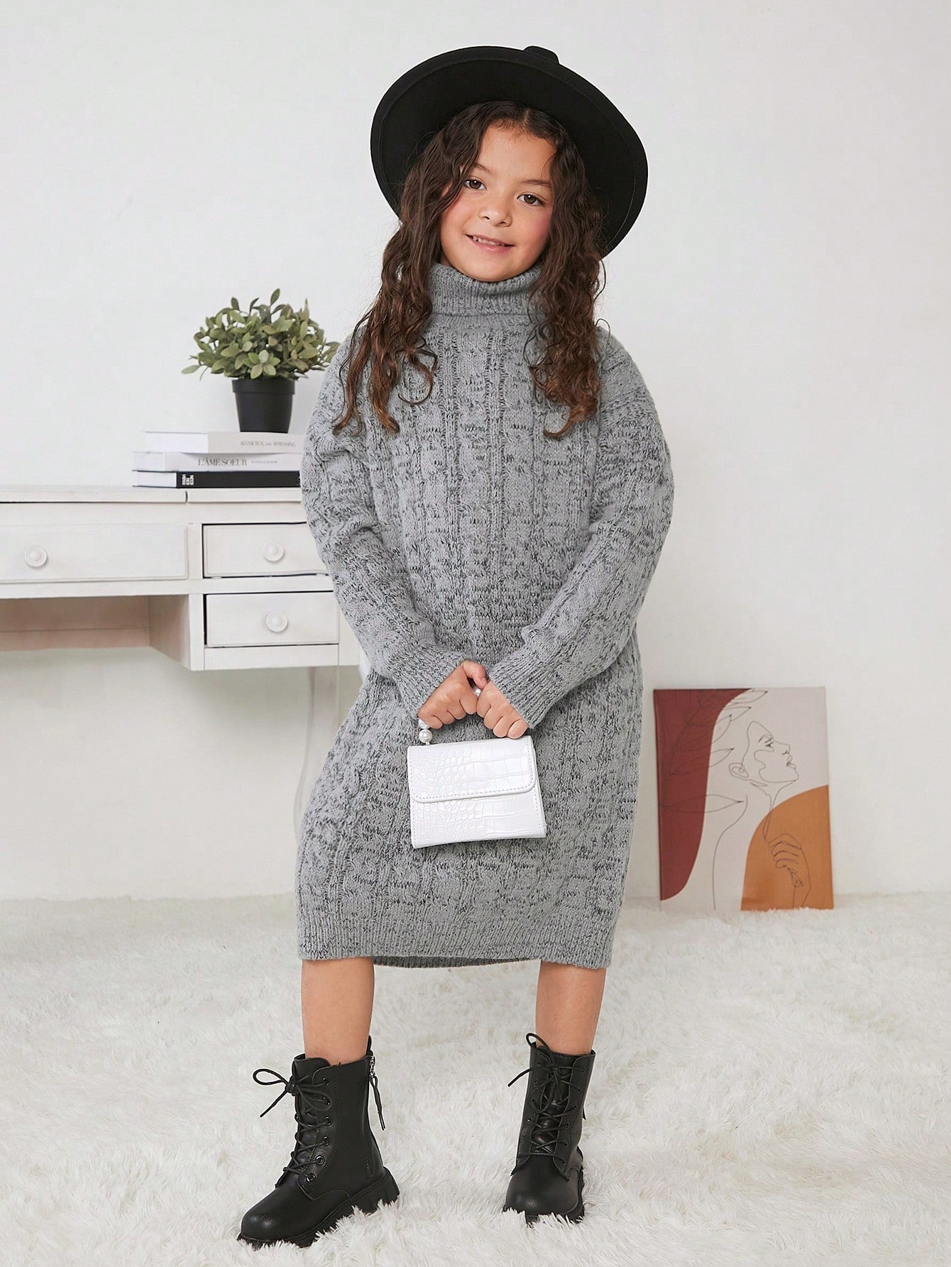 Tween Girl Turtleneck Cable Knit Drop Shoulder Sweater Dress