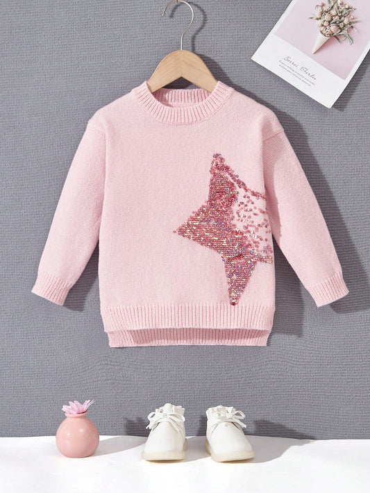 Young Girl Contrast Sequin Star Pattern High Low Hem Sweater