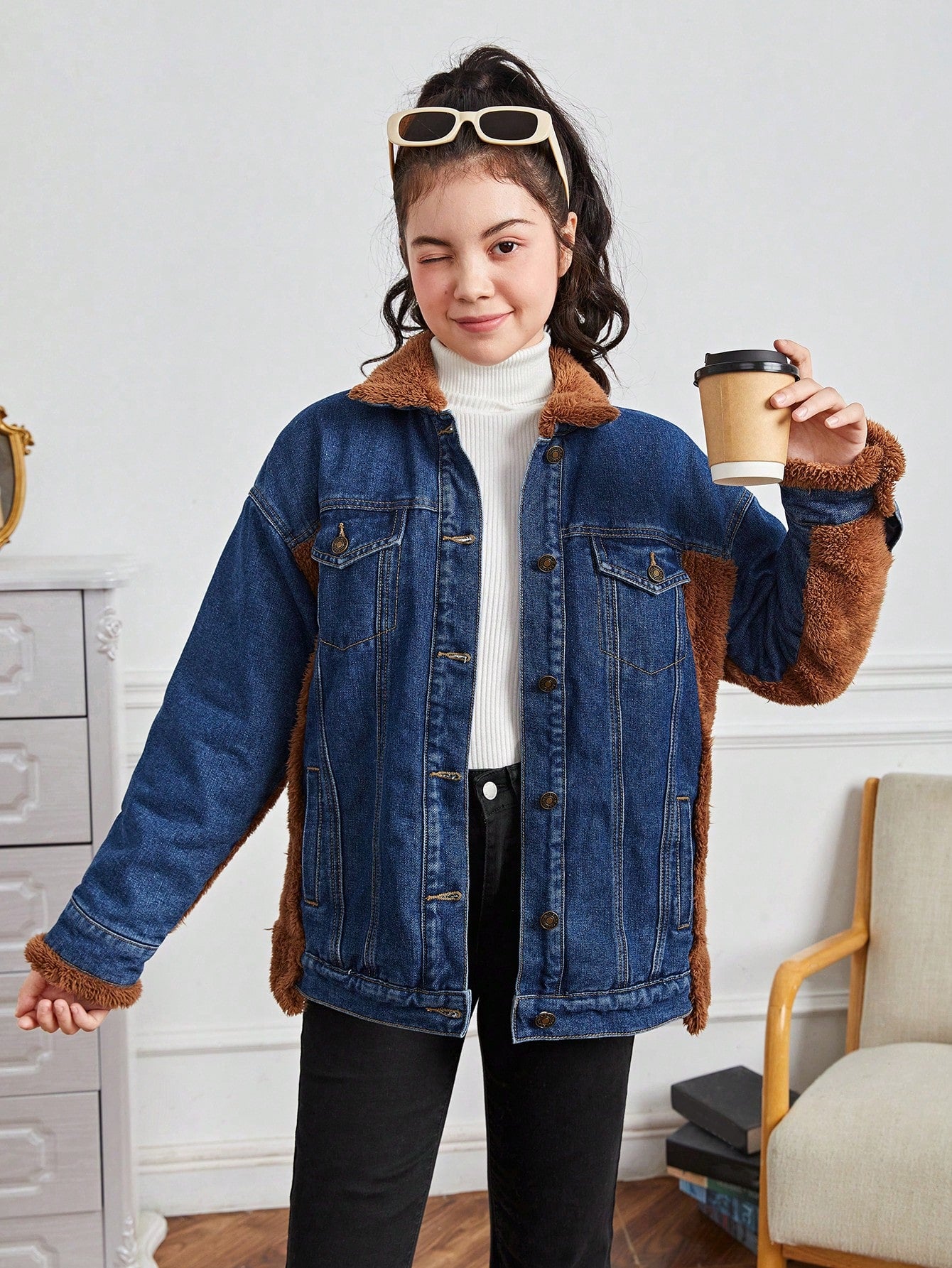 Teen Girl Teddy Panel Denim Jacket