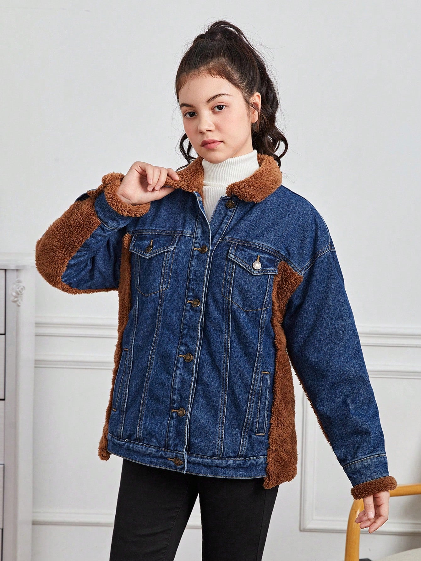 Teen Girl Teddy Panel Denim Jacket