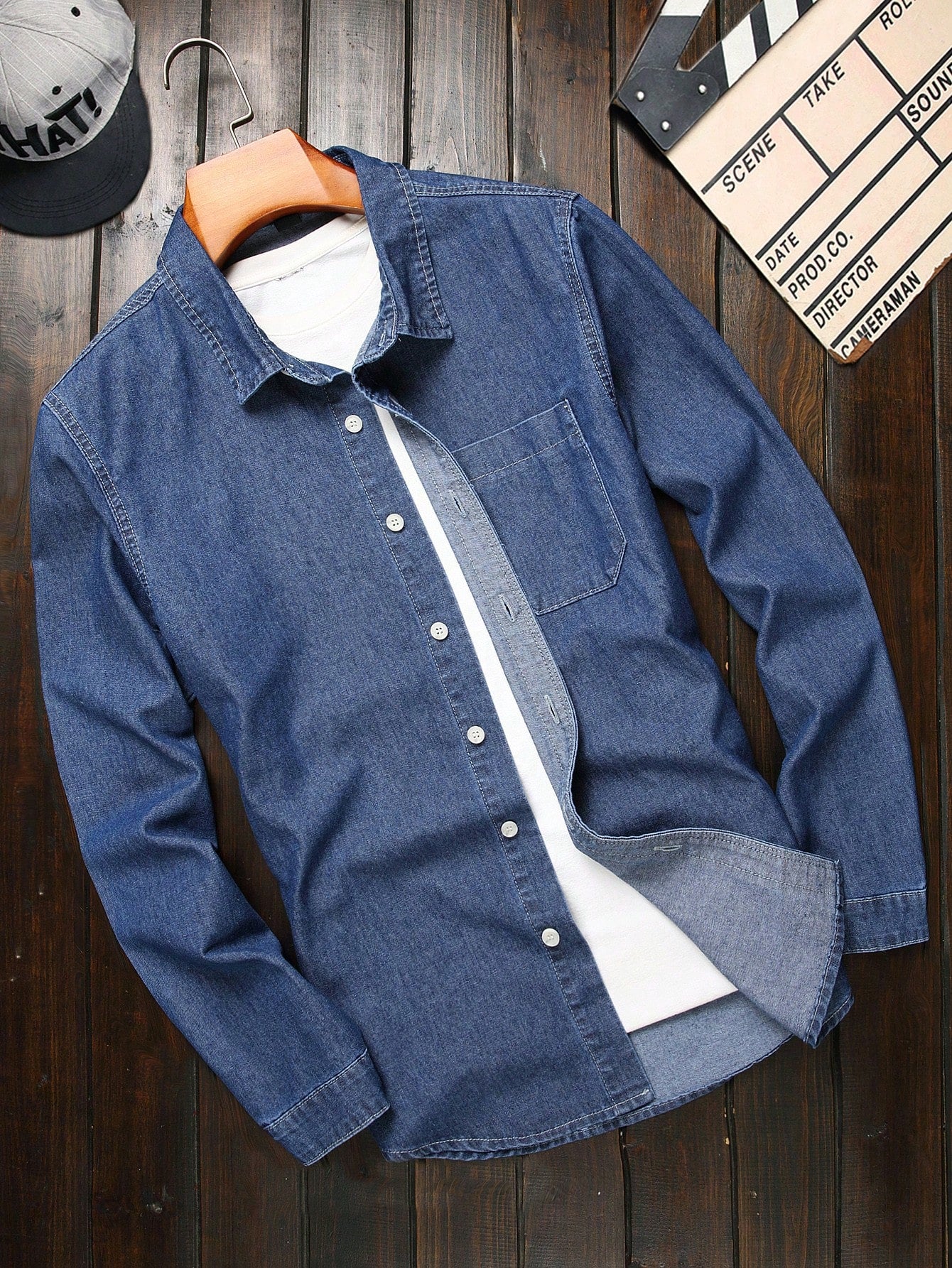 Men Cotton Patched Pocket Long Sleeve Button Up Plain Light Blue Work Denim Shirt Without Tee