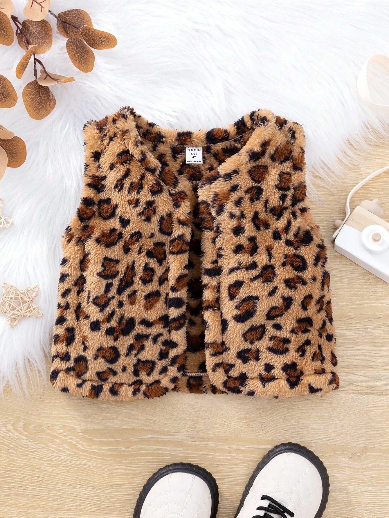 Young Girl Casual Plush Short Leopard Print Vest Jacket, Autumn And Winter Keep Warm