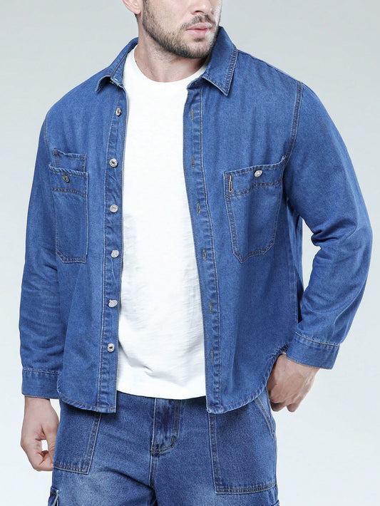 Men Plus Pocket Patched Denim Shirt Without Tee