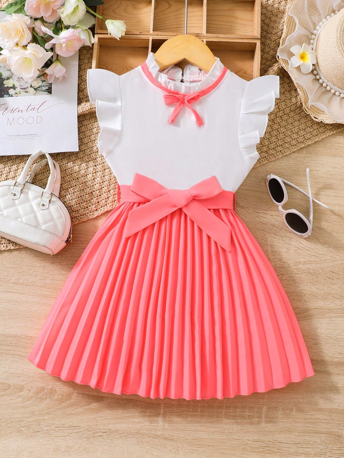 Young Girl Two Tone Bow Front Ruffle Trim Pleated Hem Dress