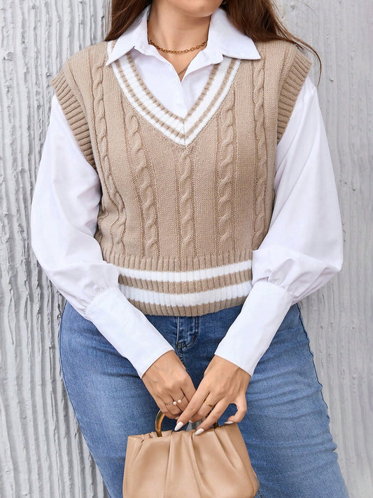 Plus 1pc Striped Trim Cable Knit Sweater Vest