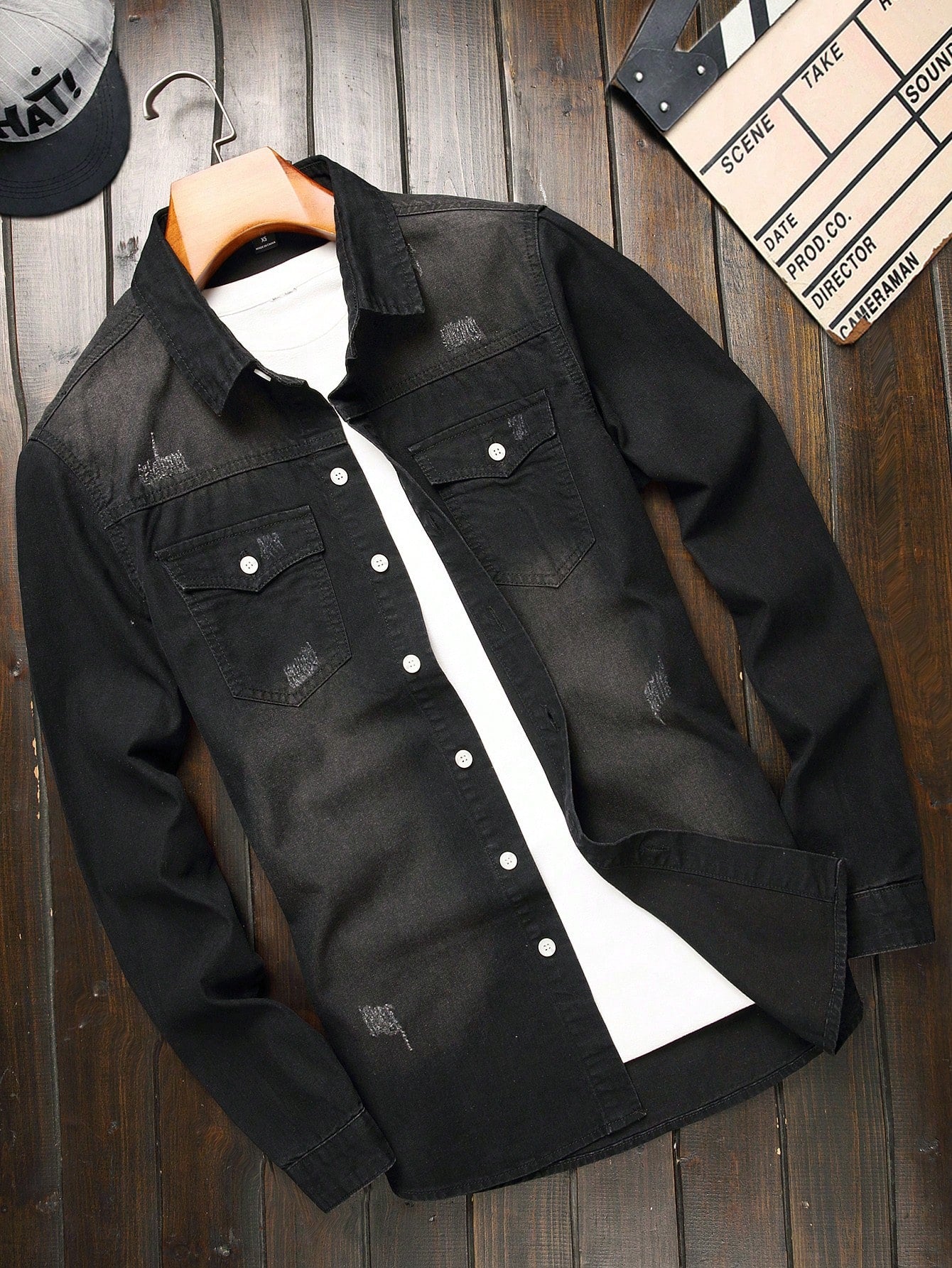 Men Bleach Wash Pocket Patched Denim Shirt Without Tee, Long Sleeve Button Up Cotton Black Work Denim Shirt