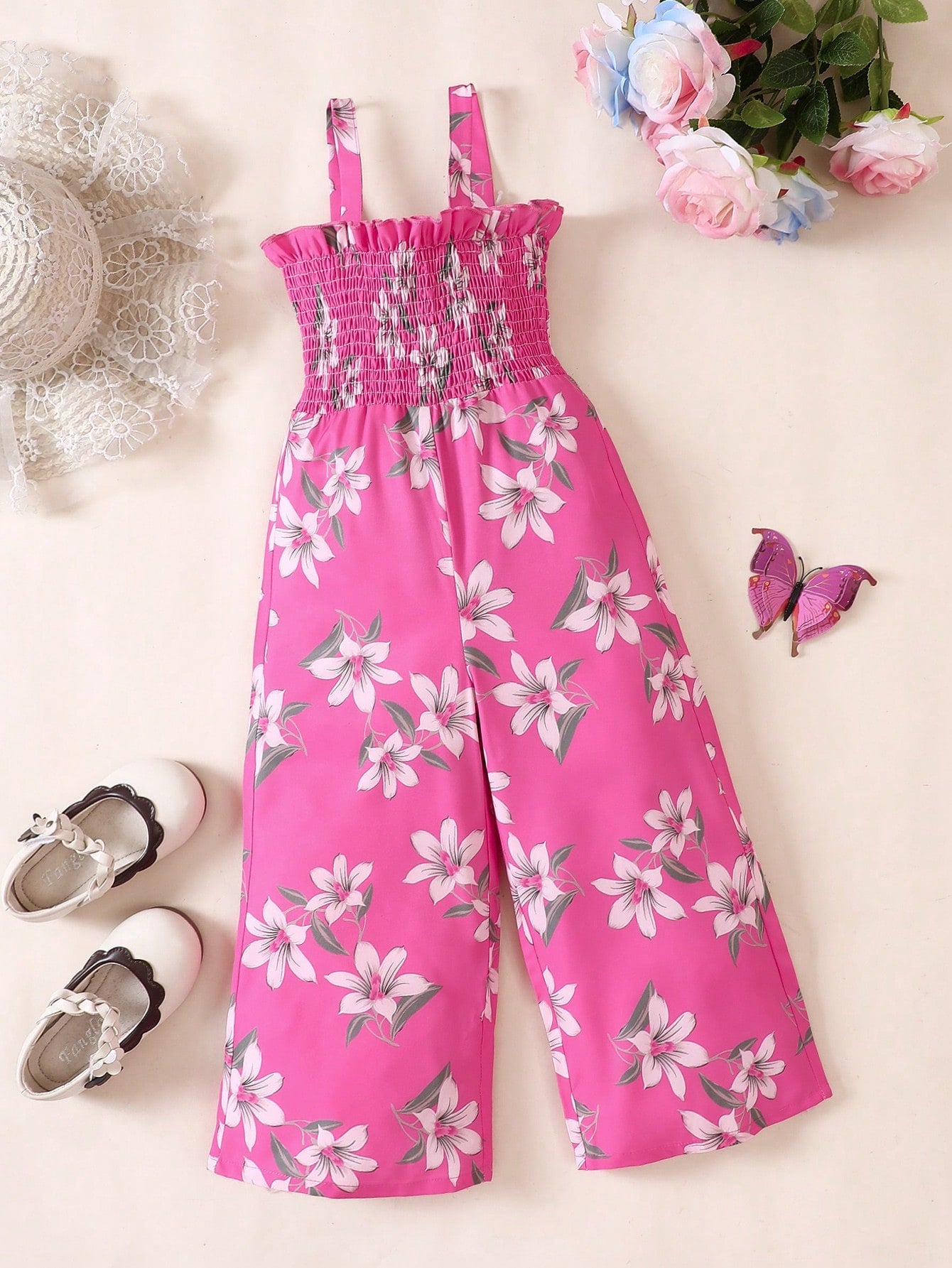 Young Girl Floral Print Frill Shirred Cami Jumpsuit