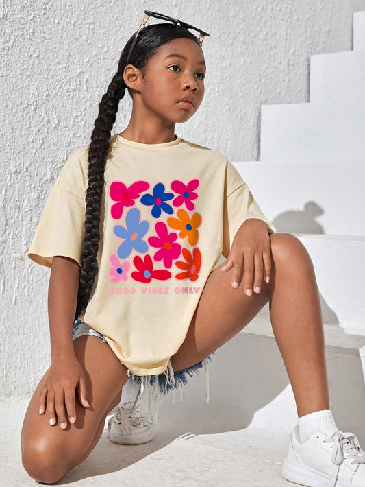 SFCHICKY Artist Girlcore Tween Girl Floral & Slogan Graphic Drop Shoulder Tee