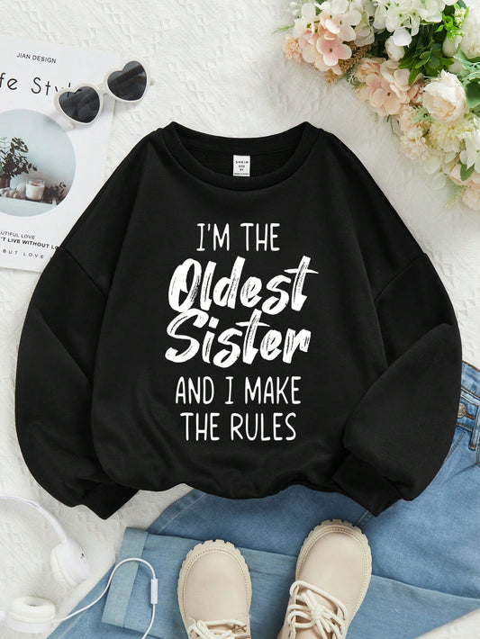 Tween Girl Slogan Graphic Drop Shoulder Thermal Lined Sweatshirt