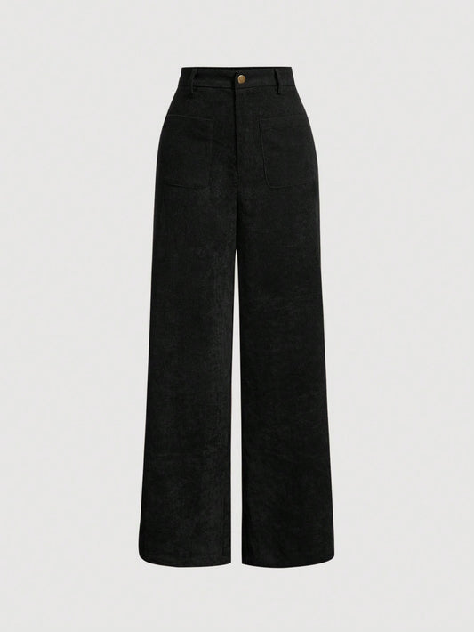 Solid Corduroy Straight Leg Black Mid Rise Pants