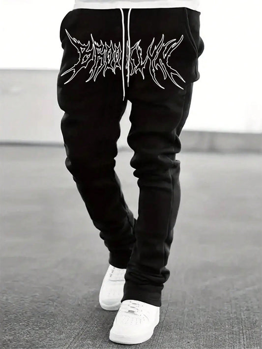 Men Letter Graphic Drawstring Waist Sweatpants Straight Leg Long Plain Black Going Out Goth