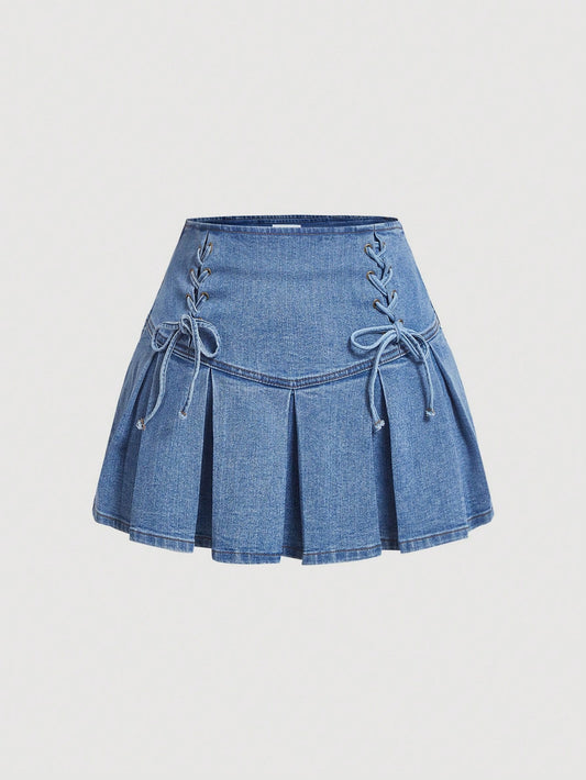 Plus Lace Up Front Pleated Hem Denim Skirt