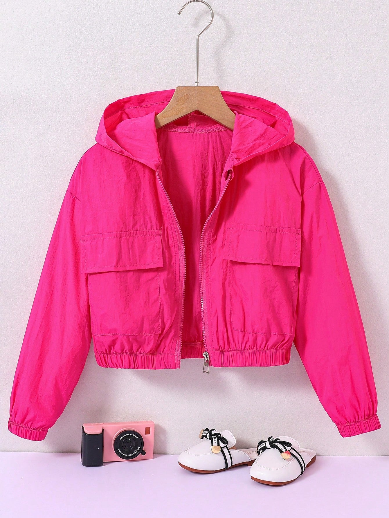 Kids Tween Girl Flap Pocket Drop Shoulder Hooded Jacket