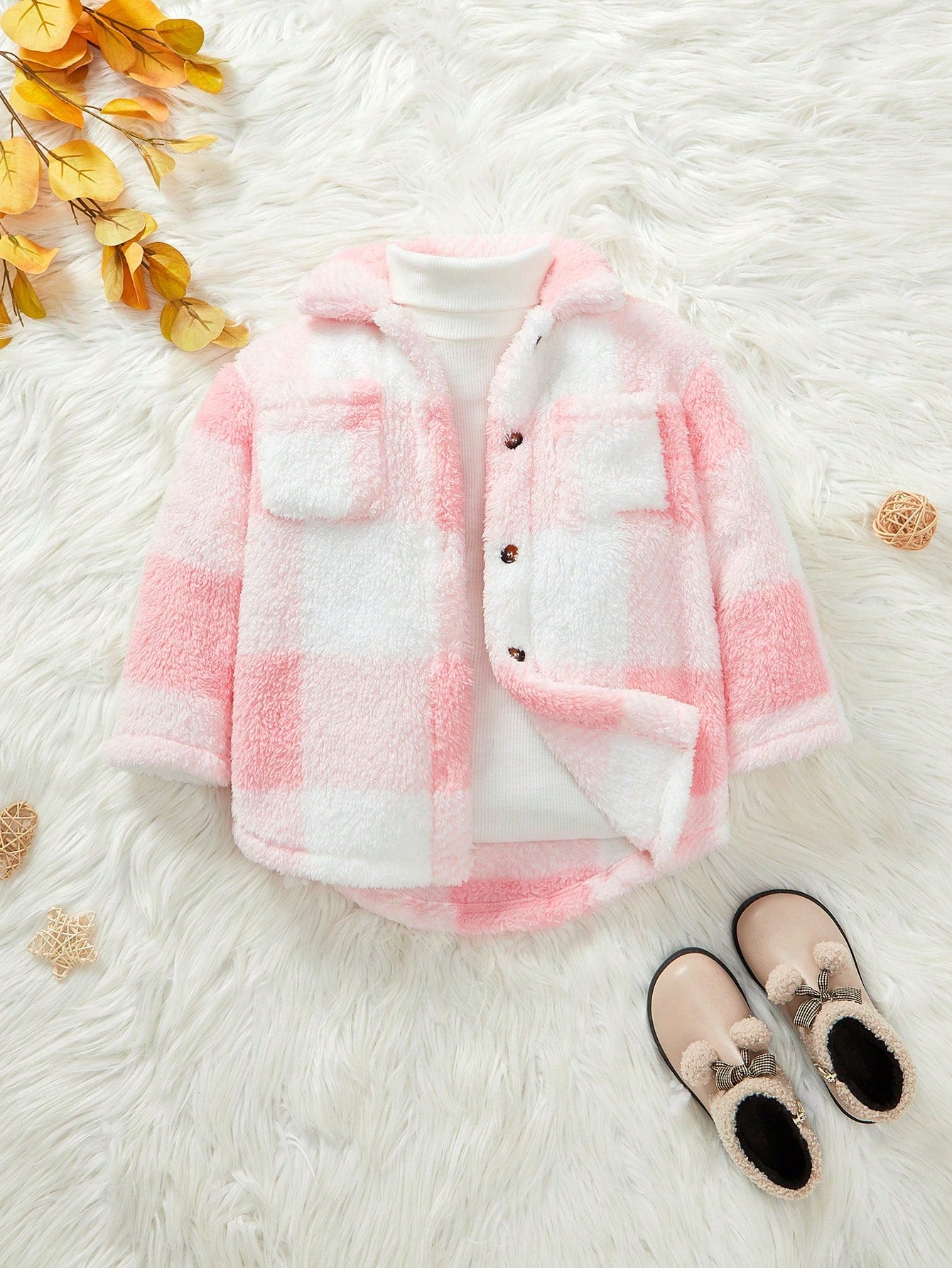 Young Girl Casual Loose Fit Turn-down Collar Plaid Fleece Long Sleeve Jacket