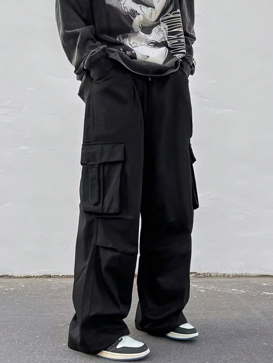 Men Flap Pocket Side Drawstring Waist Oversize Cargo Pants Baggy Long Plain Black Going Out