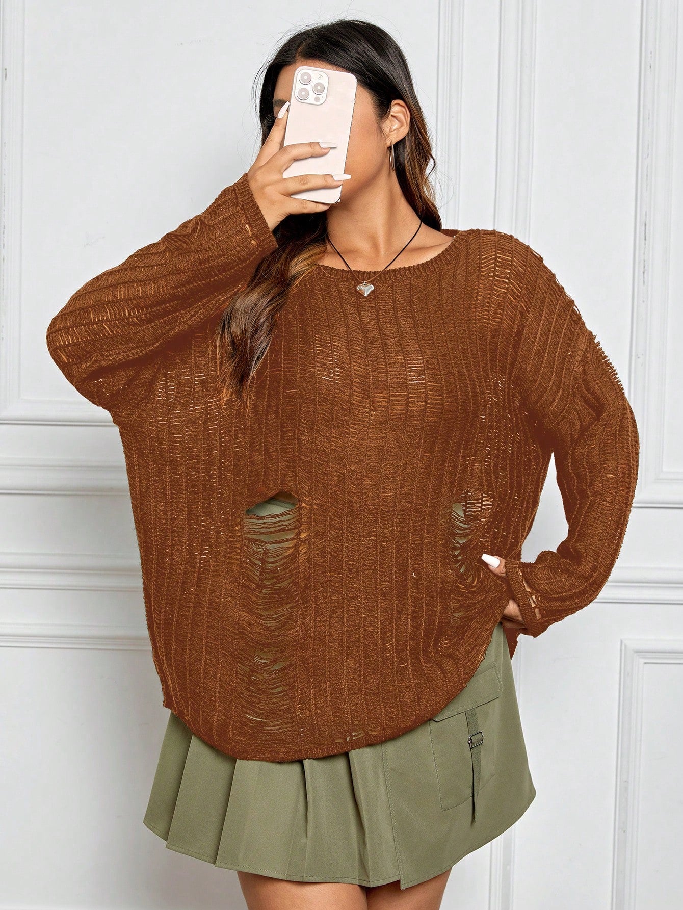 Plus Drop Shoulder Ripped Sweater Without Cami Top