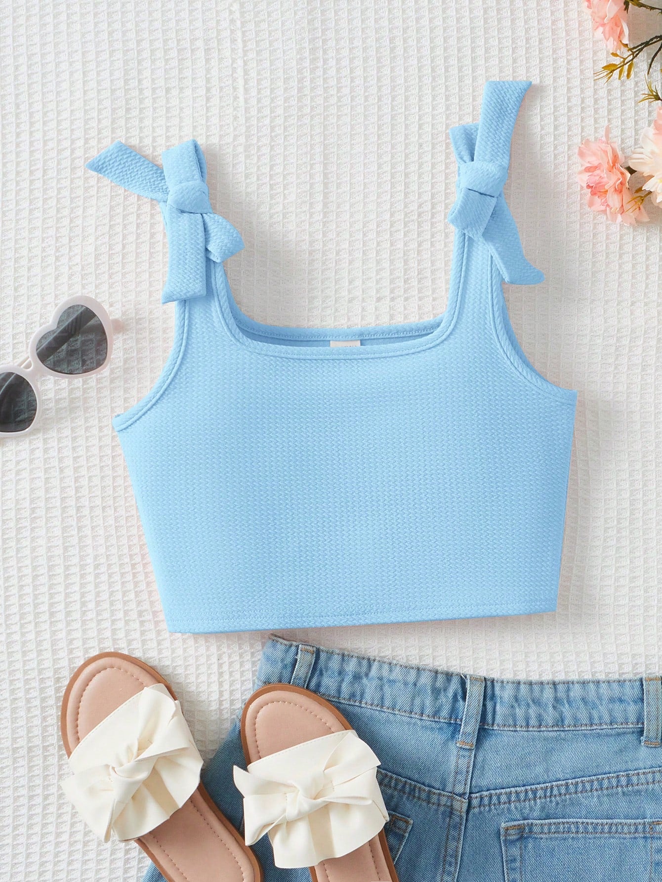 Young Girls' Sweet And Cute Square Neckline Knit Jacquard Bow Decoration Tank Top For Summer