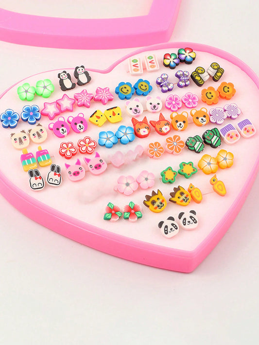 36pairs Random Cartoon Animal, Flower, Fruit, Candy Shaped Ear Studs For Kids' Daily Wear