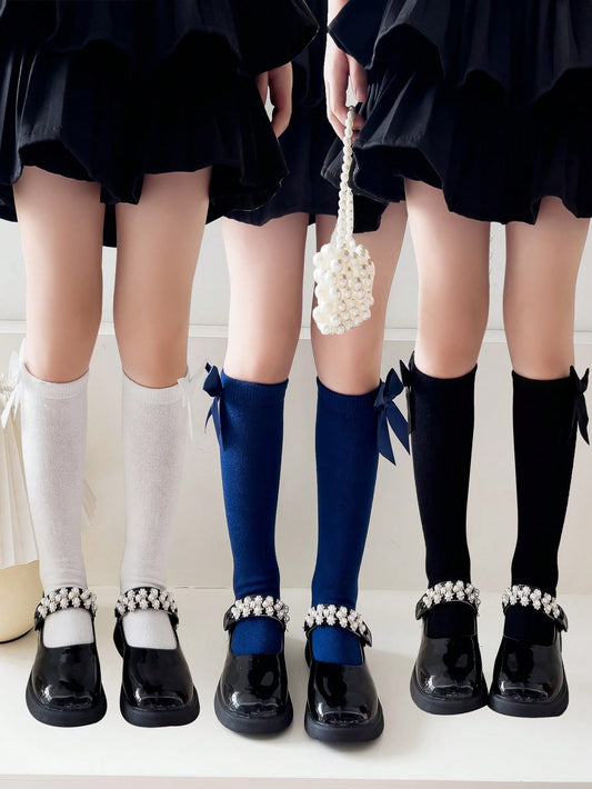 3pairs Girls' Knee High Dress Socks With Bow Decorations, Black/white, For School Uniform Or Formal Occasions