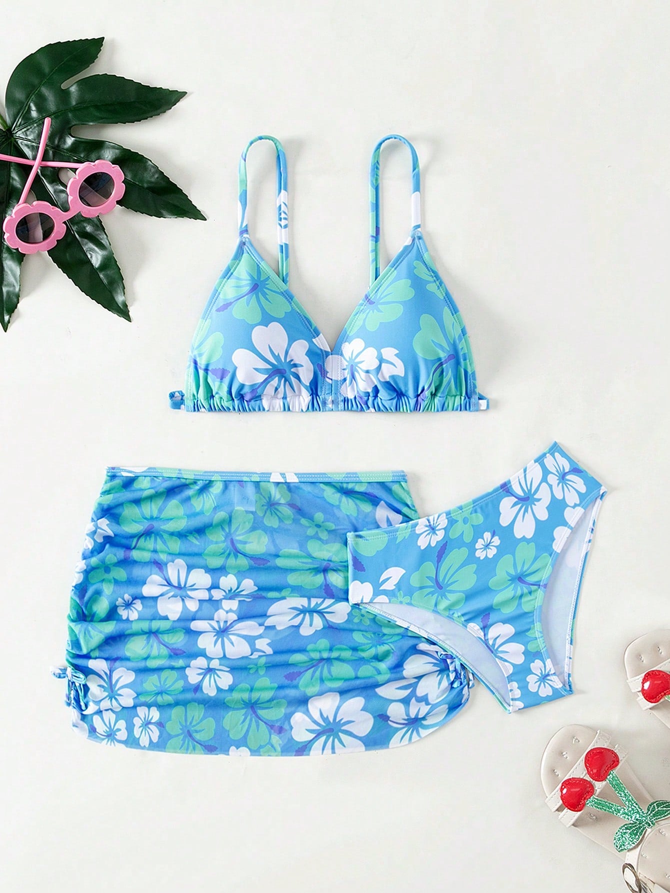 Tween Girl Floral Print Triangle Bikini Set With Beach Skirt Summer Beach