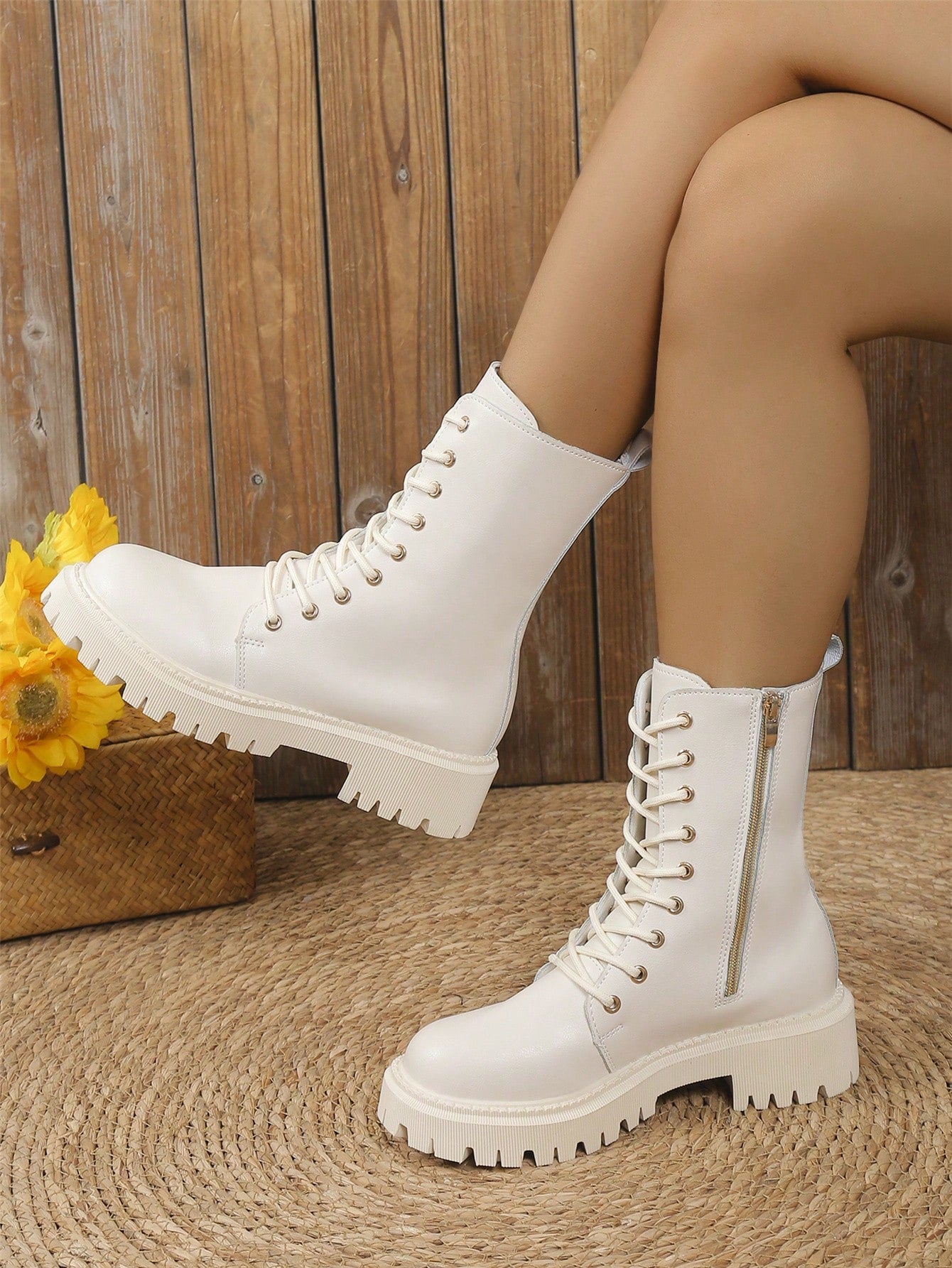 Women's Fashion Boots, High-Top Boots/ Boots For Fall & Winter, Lace-Up & Side Zipper Design, Beige & White, Casual & Vacation Thick Sole Boots