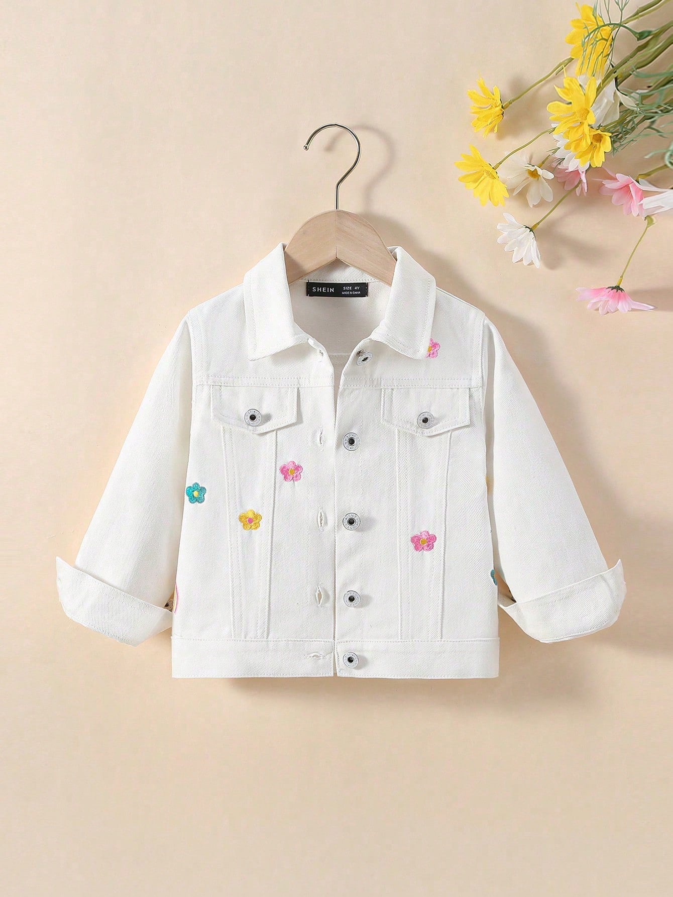 Young Girl Fashionable Flower Printed Long Sleeve Denim Jacket