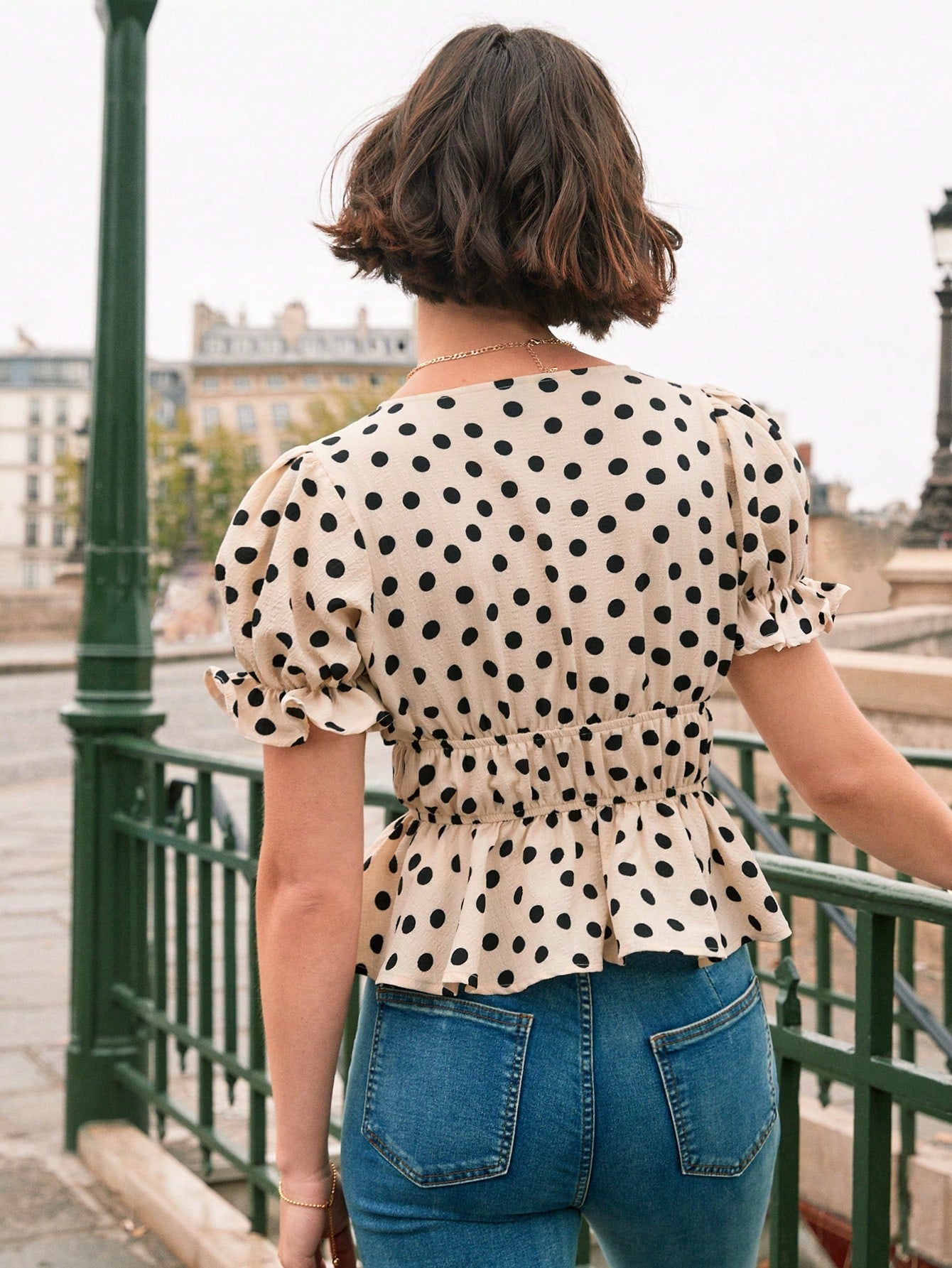 Frenchy Polka Dot Print Tie Front Ruffle Hem Blouse