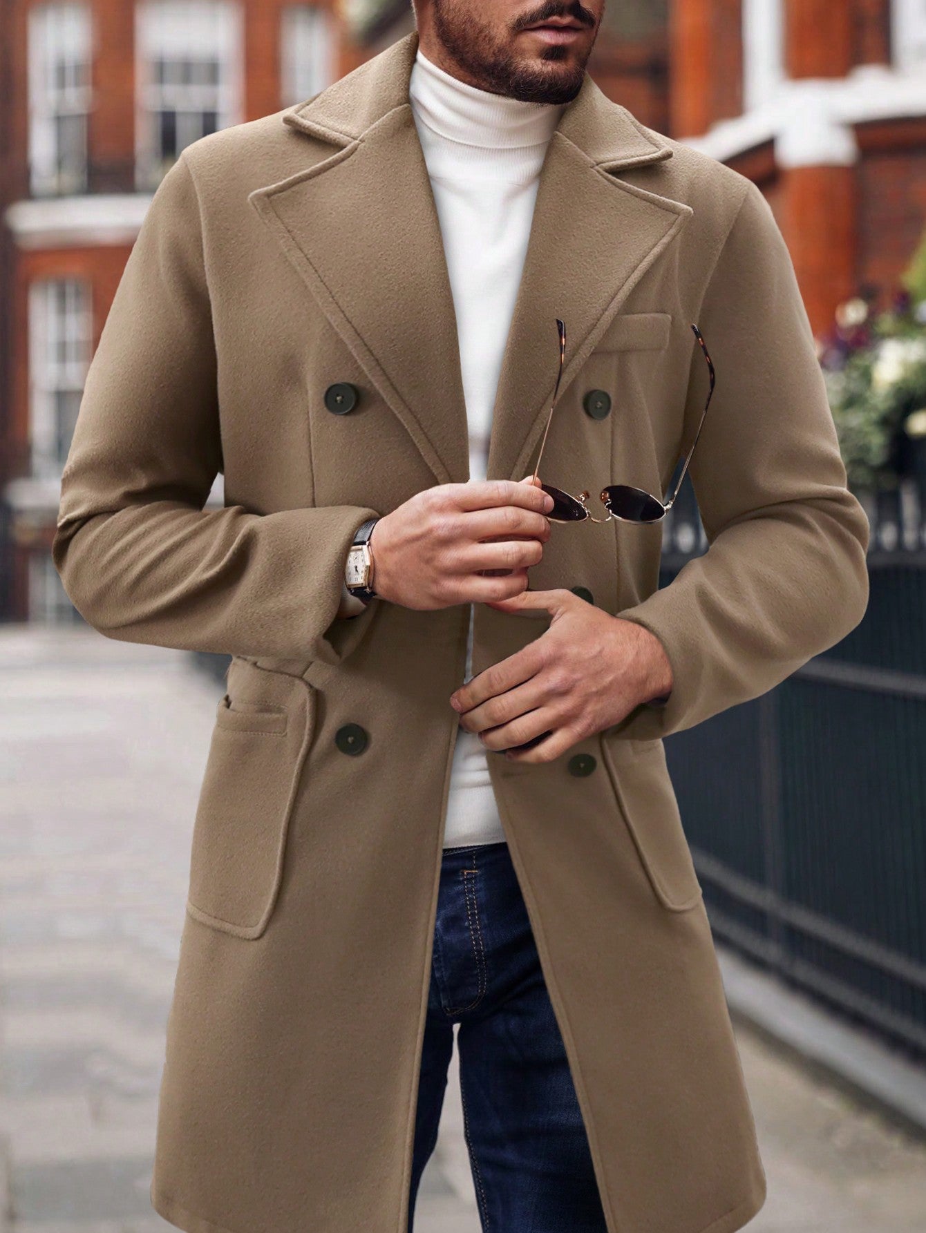 Men Lapel Collar Double Breasted Overcoat