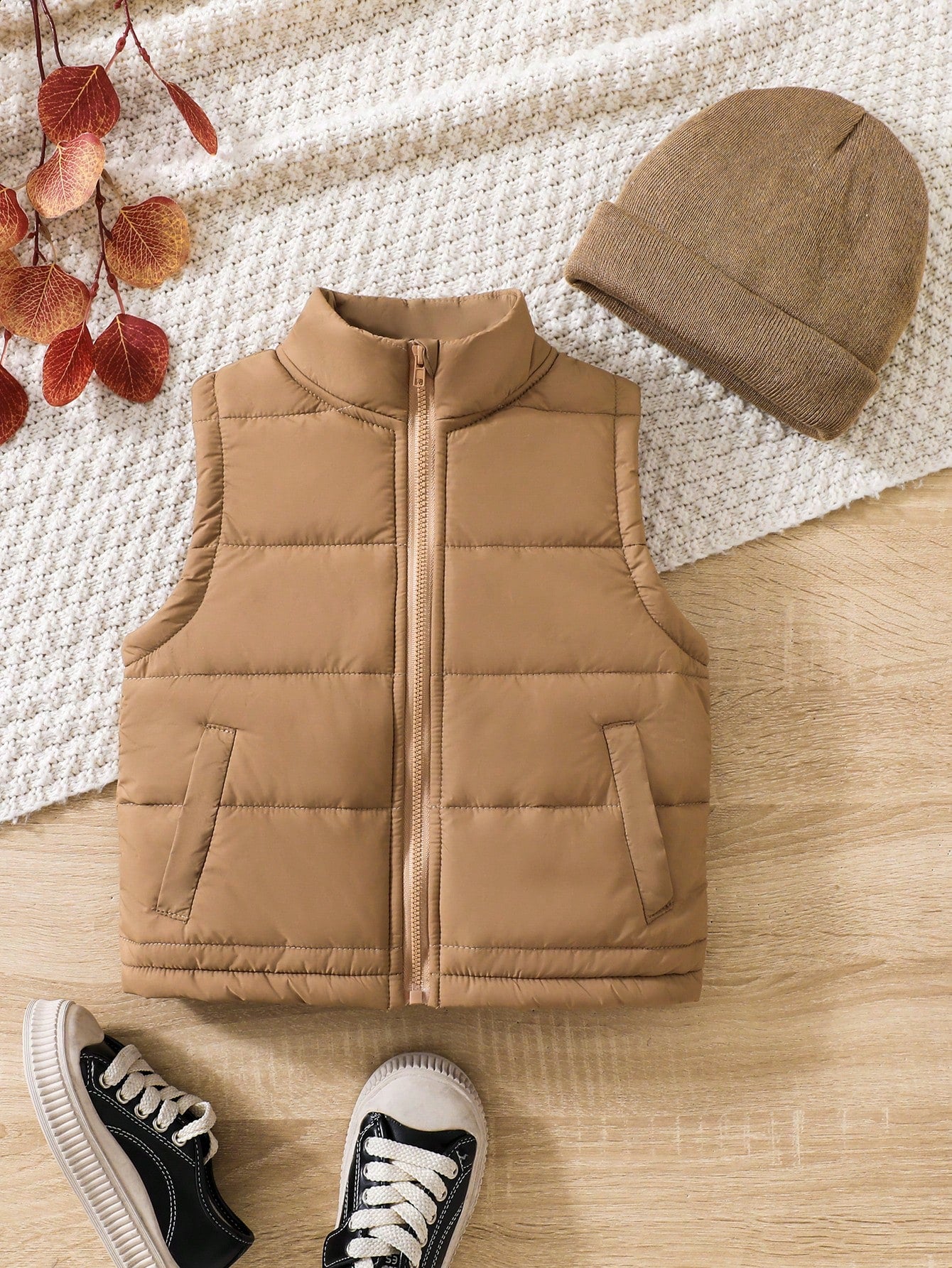 1Pc Young Boys' Padded Vest Jacket With Matching Hat, Thickened And Casual Style For Autumn And Winter