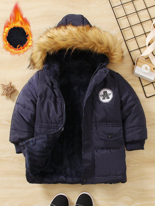 Young Boy Letter Patched Detail Fuzzy Trim Hooded Thermal Lined Thermal Puffer Coat