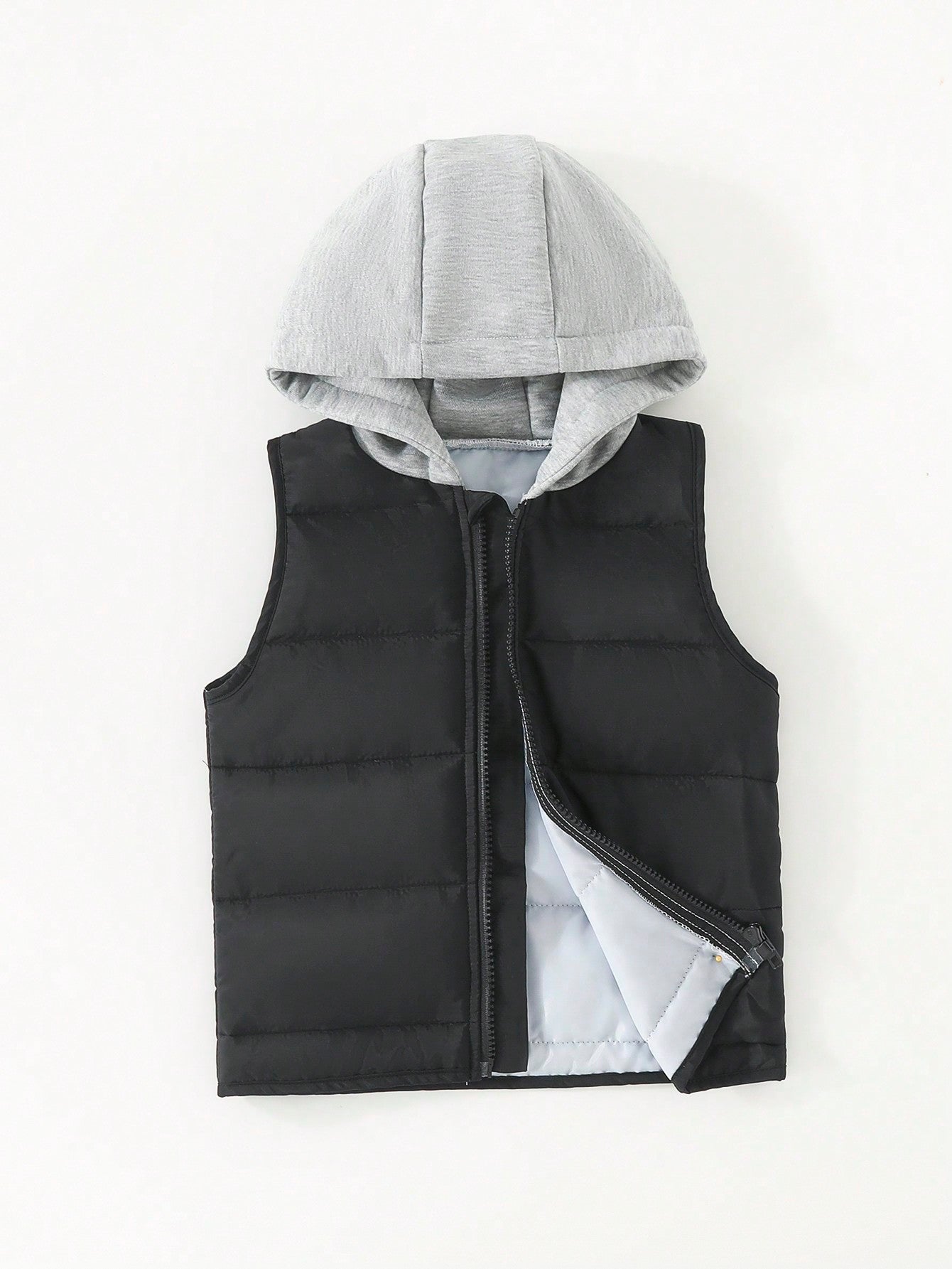 Young Boy 1pc Zipper Front Hooded Vest Puffer Coat