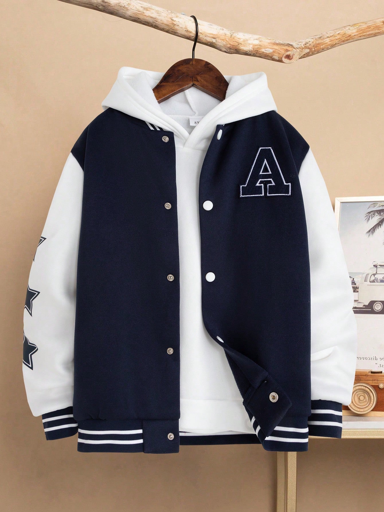 Tween Boy Letter Patched Striped Trim Varsity Jacket Without Hoodie