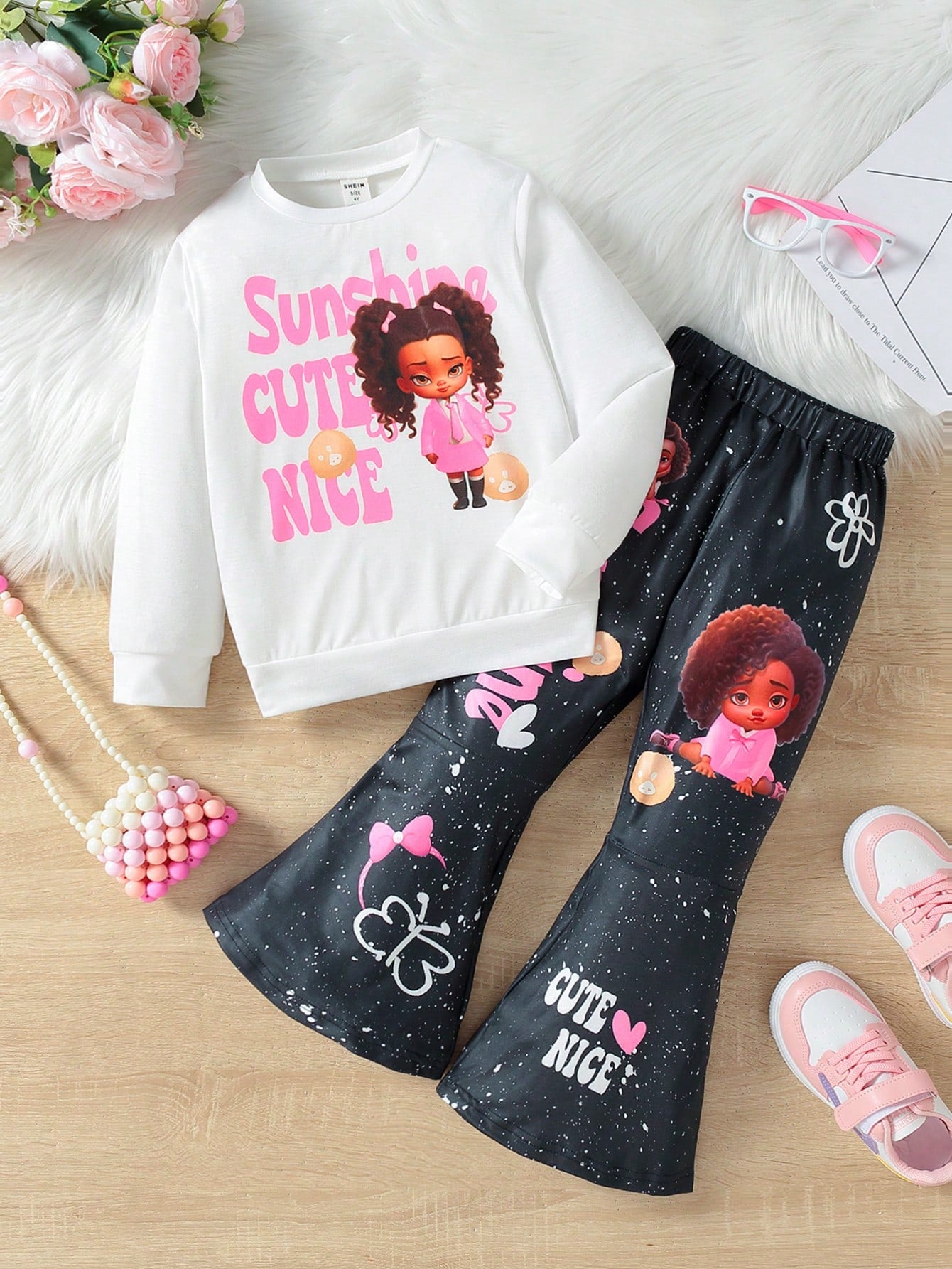 Young Girl Letter & Figure Graphic Pullover & Flare Leg Pants