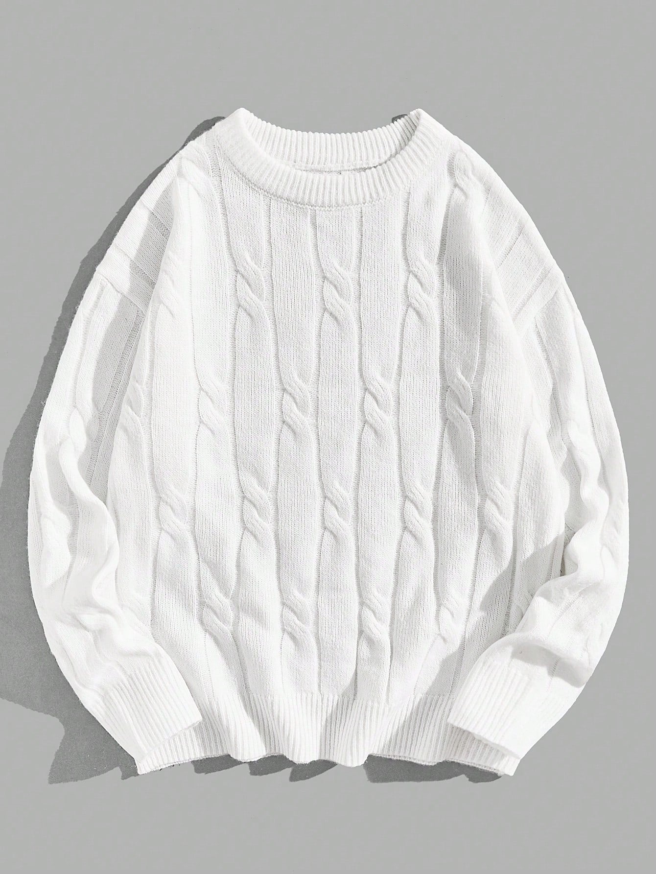 Men Solid Cable Knit Sweater Round Neck Long Sleeve Plain White Urban Casual Sweater