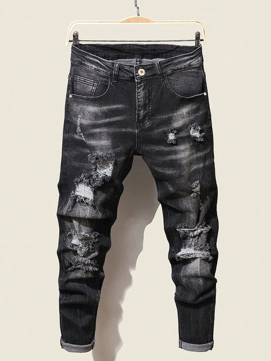 Men Cotton Cat Whisker Washed Ripped Slim Jeans