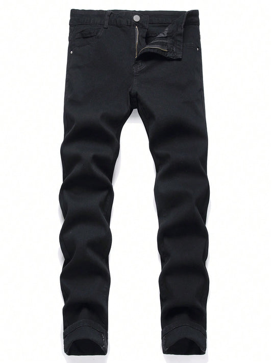 Men Cotton Solid Skinny Jeans Slim Fit Long Washed Dark Wash Jean Cargo Plain Black Party Casual Friends