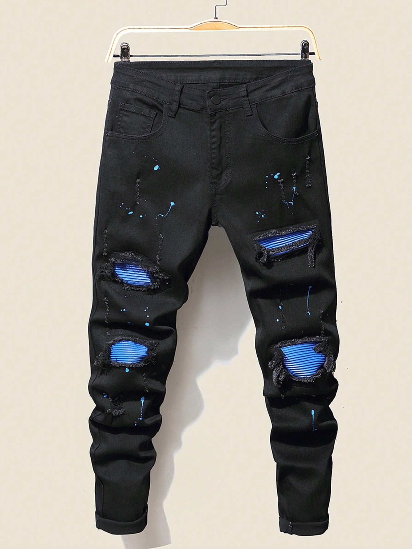 Men Cotton Splash Ink Print Ripped Frayed Rag Stitching Jeans