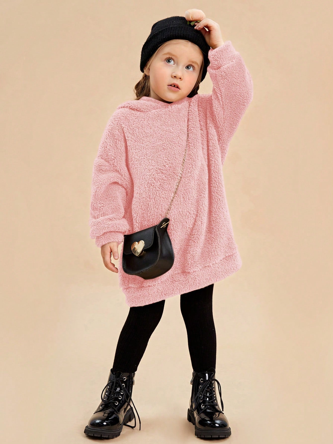 Young Girl Drop Shoulder Teddy Hoodie Dress Without Bag