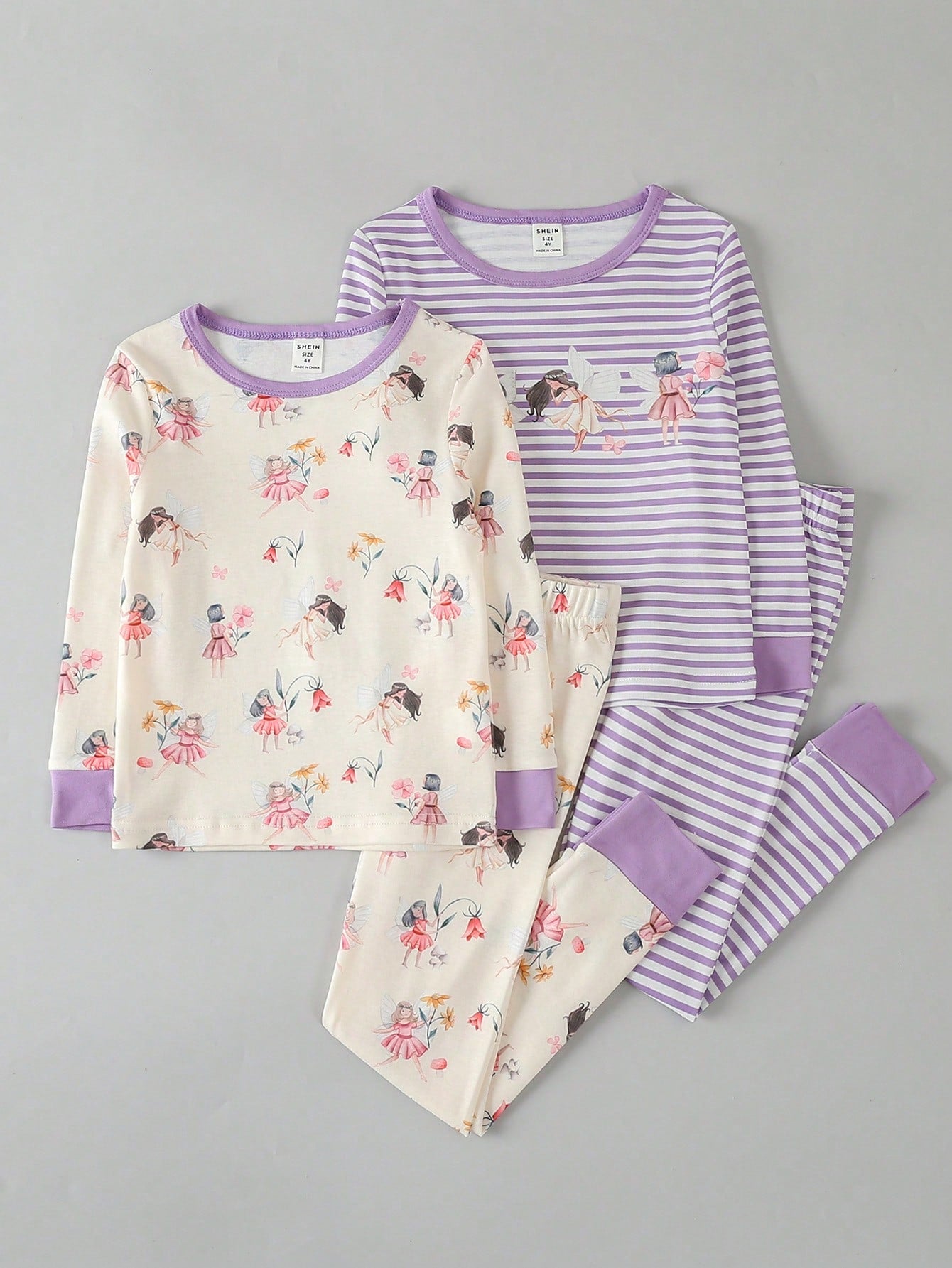 Young Girl 4pcs Floral & Striped Print Snug Fit PJ Set