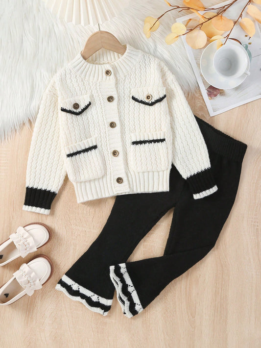 Young Girl Contrast Trim Cardigan & Flare Leg Knit Pants