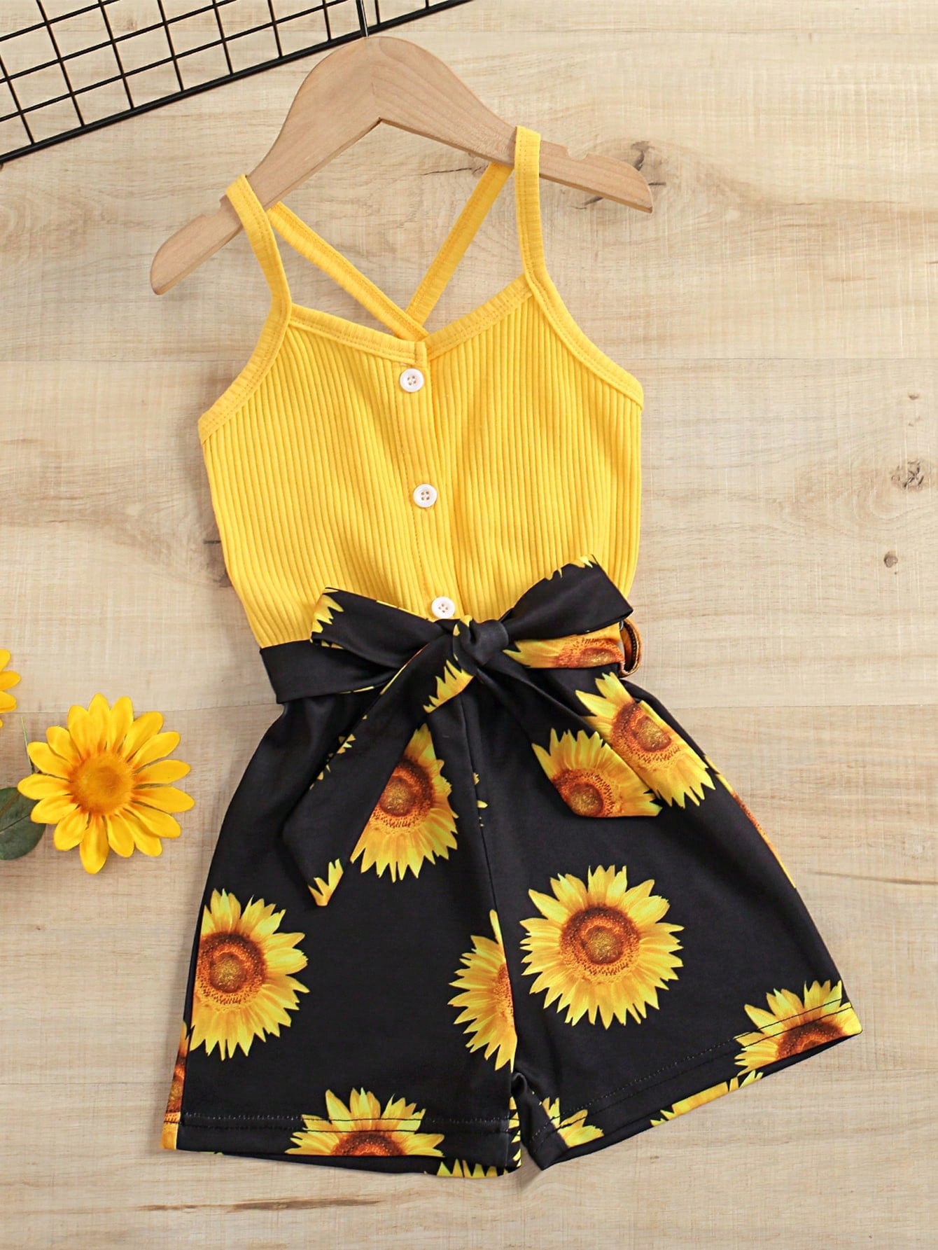 Young Girl Floral Print Criss Cross Belted Cami Romper