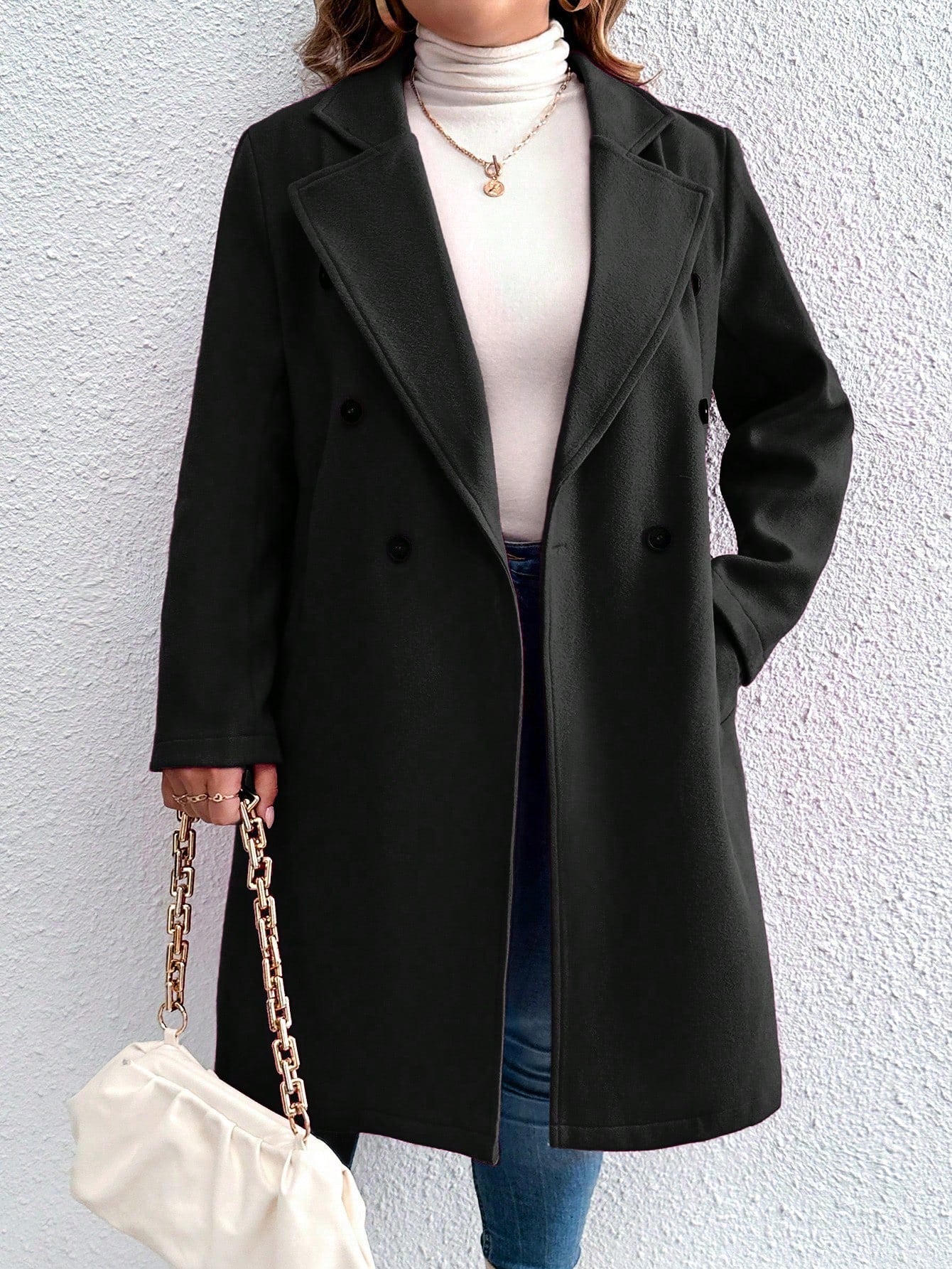 Plus Size Solid Color Woolen Coat, Knee Length