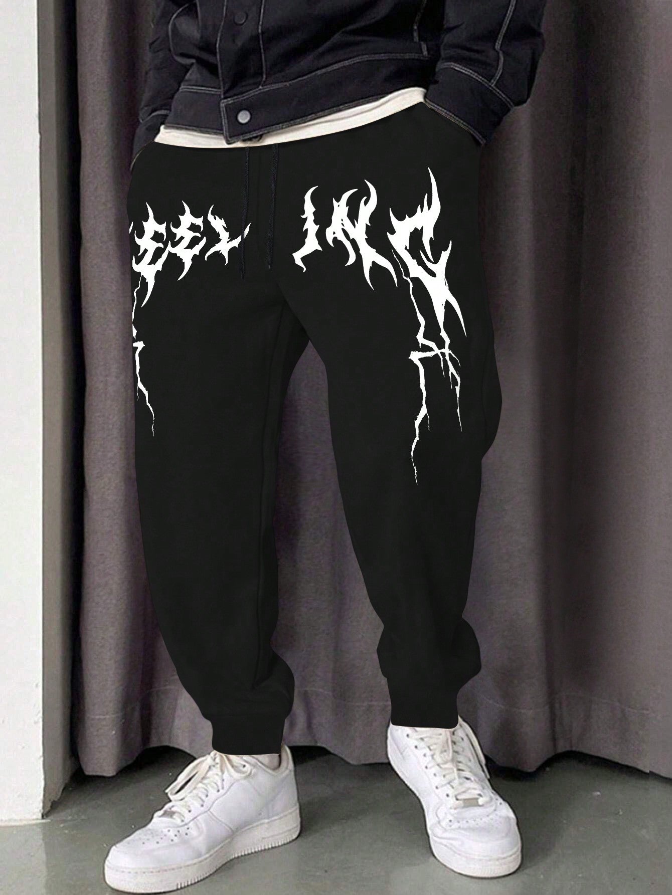 Men Graphic Print Drawstring Waist Sweatpants Long Sweat Pant Letter Light Grey Going Out Goth Friends