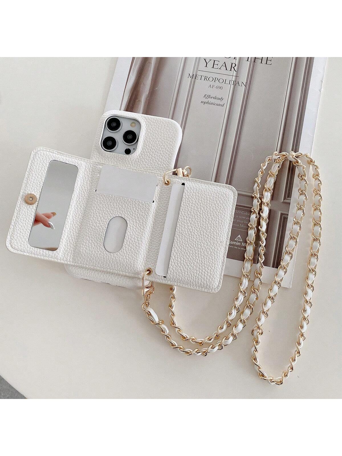 1 White Card Case With Small Mirror And Metal Chain, Crossbody/wallet Style Multi-functional Shockproof Litchi Stria Phone Case Compatible With Apple Iphone 14 13 12 11 Pro Max, Google Pixel 4 Xl 6 7 8 Pro 6a 7a, Galaxy A03 A03s A04s A81 A12 A13 A14 A22 A