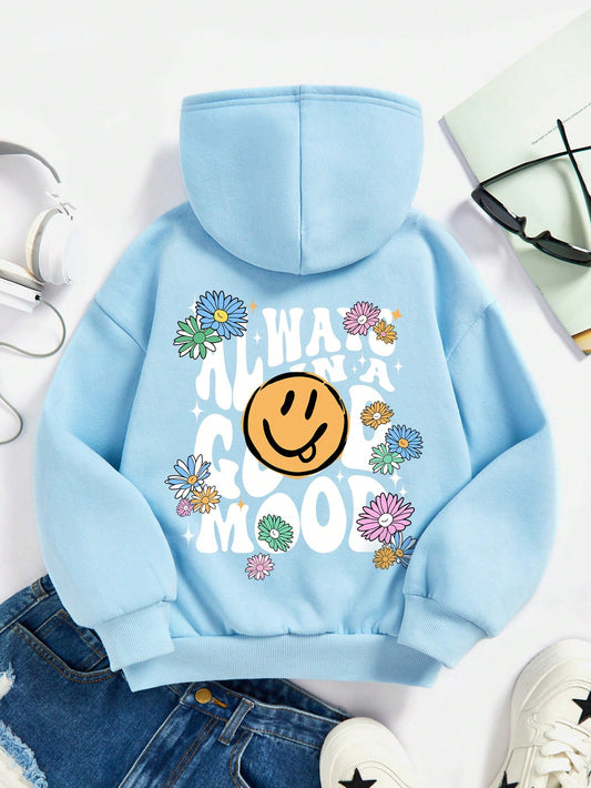 Tween Girl Cartoon & Slogan Graphic Thermal Lined Hoodie