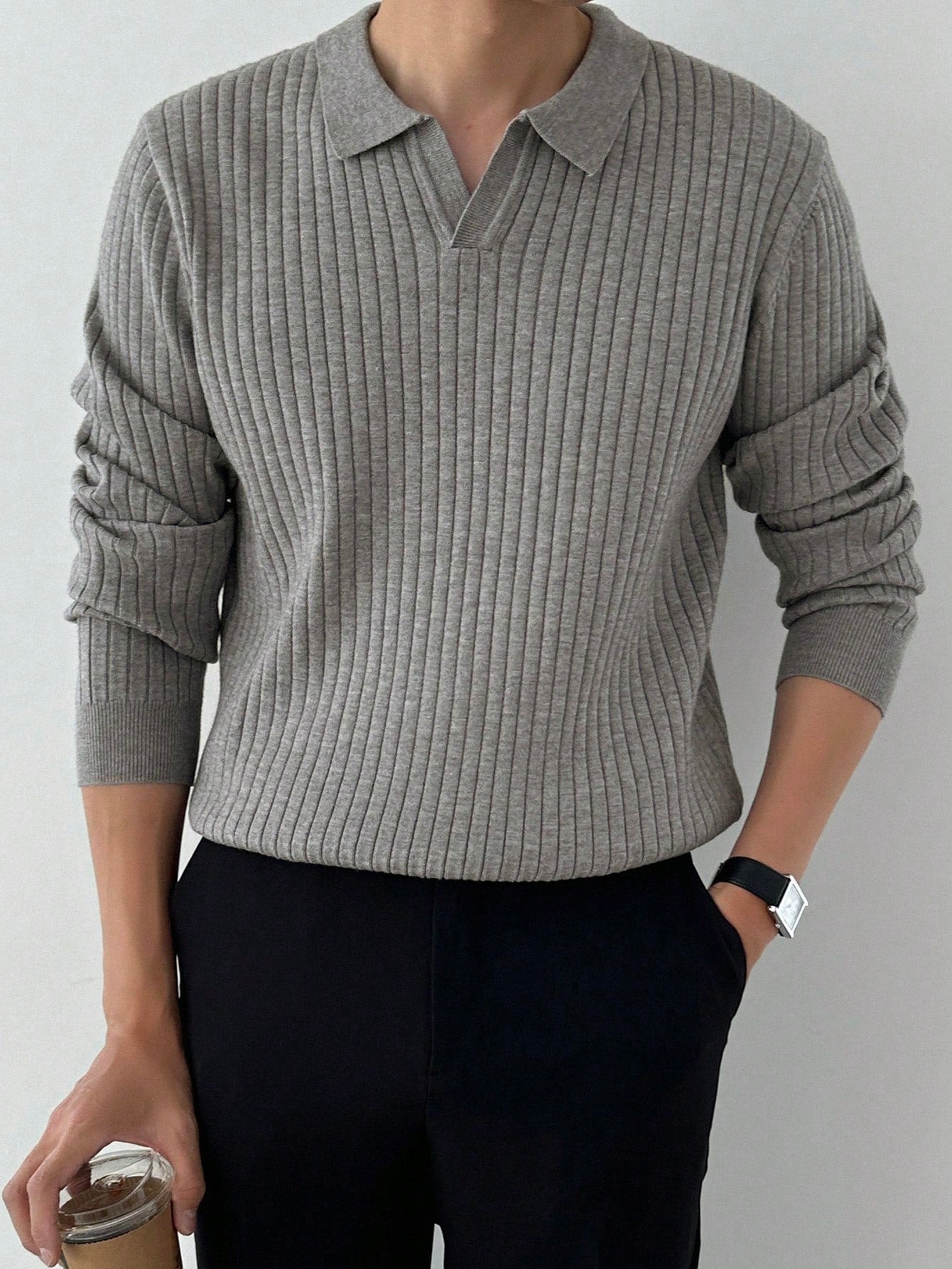 Men Polo Neck Ribbed Knit Sweater