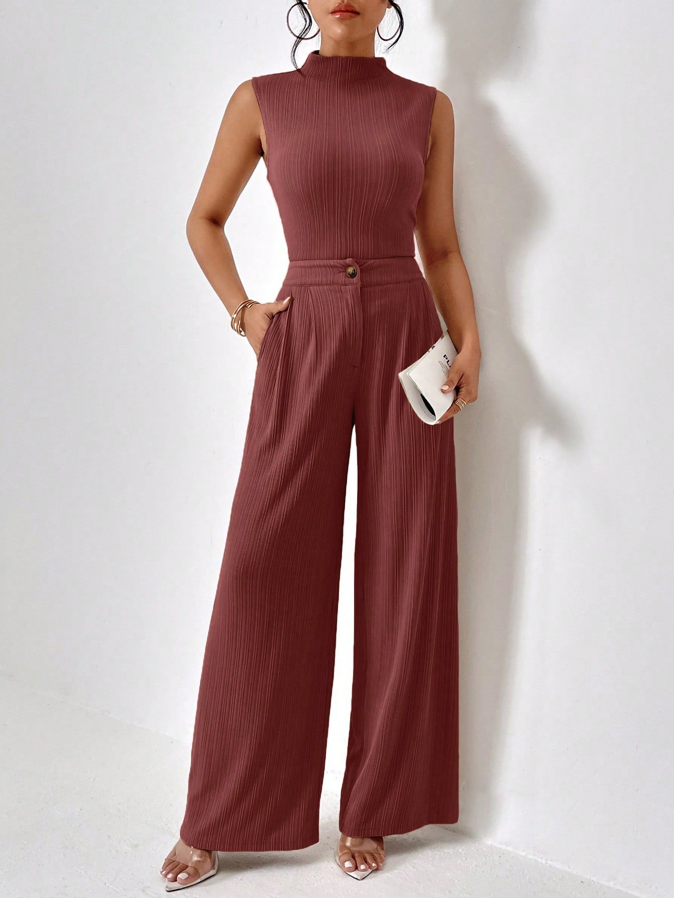 Women's Stand Collar Vest And Wide Leg Pants Set