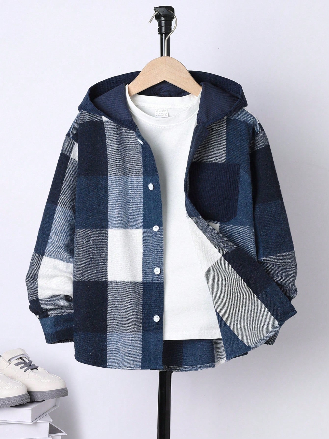 Tween Boy Casual Hooded Shirt With Checkered Plaid Patchwork Design